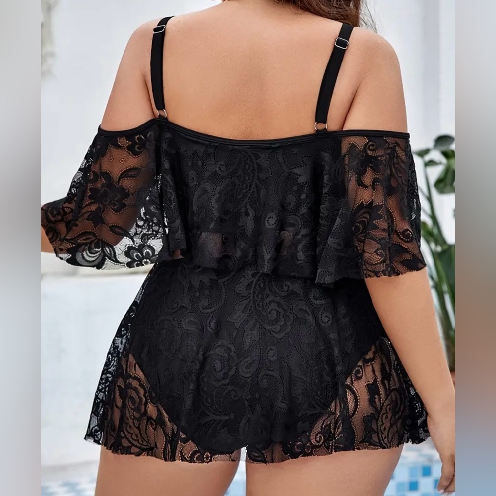 Plus Size Black Lace Off Shoulder High Waist Tankini Set - Picture 2 of 7
